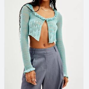 Urban Outfitters Lily Open-knit Flyaway Crop Cardigan in Turquoise Size Small